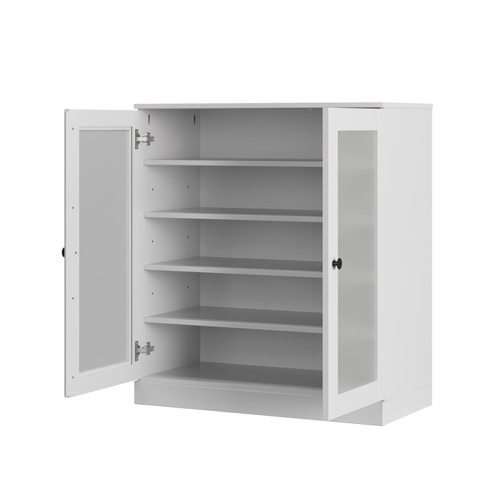 100% Solid Wood Frosted Glass Door Shoe Storage Cabinet with Adjustable Shelves, Space Saving Stackable Entryway Organizer, 32" W x 35.75" H