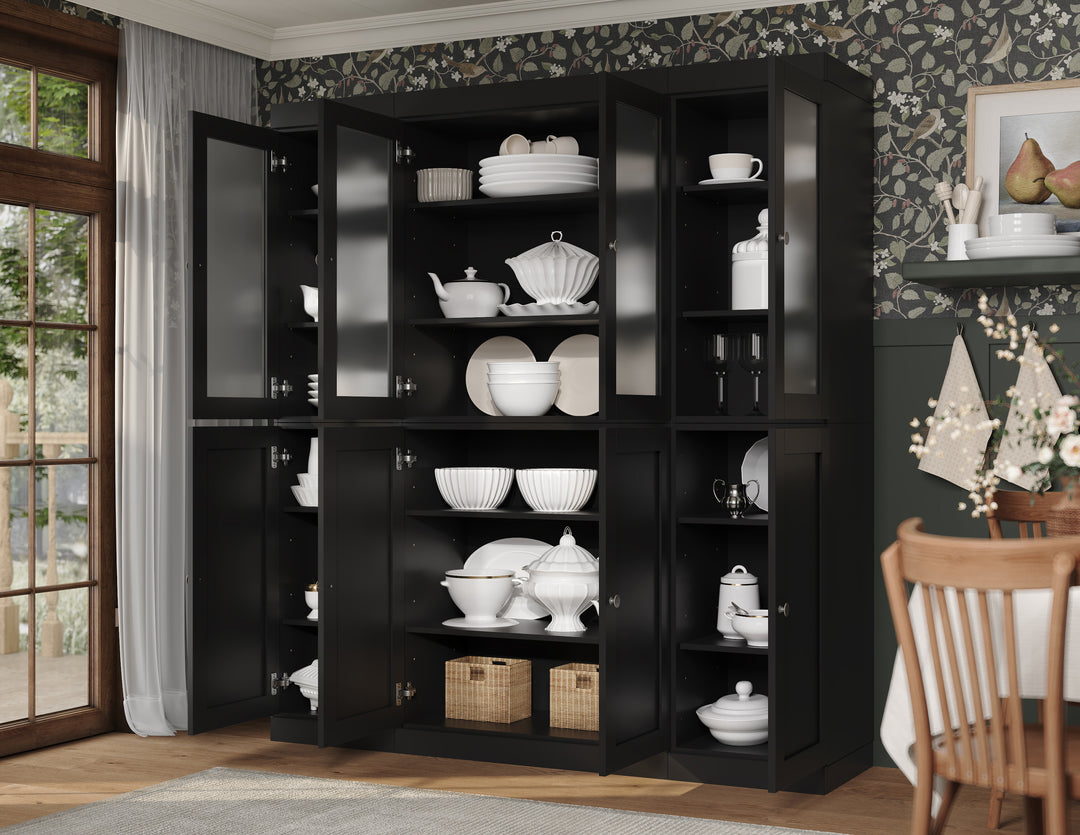 Black Inside View of Wood Kitchen Pantry Cabinet, Tall Freestanding Modular Storage with Frosted Glass & Shaker Doors, Adjustable Shelves, 65" W x 71.5" H