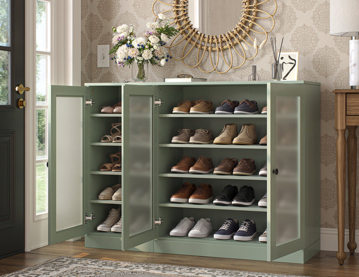 100% Solid Wood Frosted Glass Door Shoe Storage Cabinet, Adjustable Shelves, Space Saving Modular Entryway Organizer, 48.5" W x 35.75" H