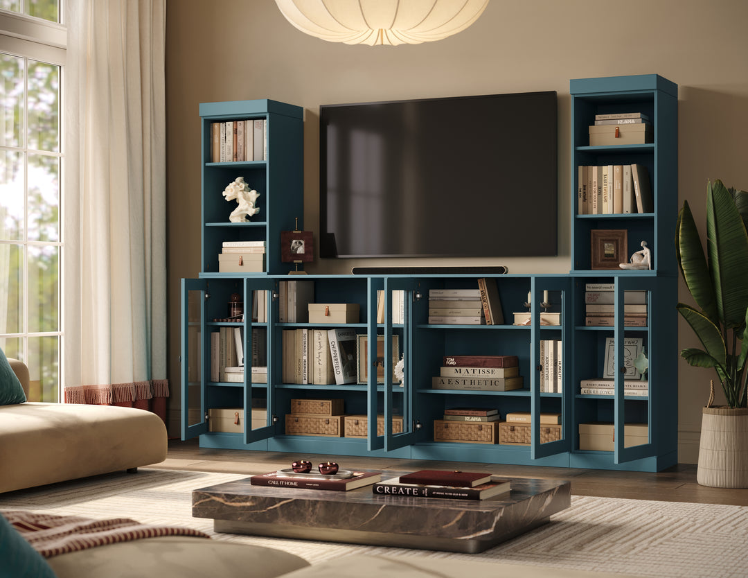 100% Solid Wood 6-Piece Entertainment Center Wall Unit with Storage, Open Cabinets & Glass Doors, Adjustable Shelves, 97" W x 71.5" H