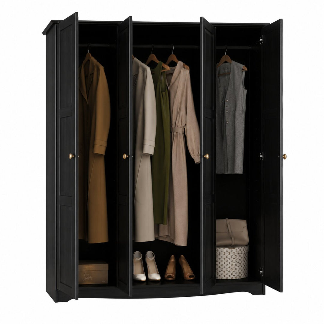 100% Solid Wood 4-Door Wardrobe Armoire with Raised Panel Doors, Bedroom Closet Storage - Regal Collection with Metal Knobs