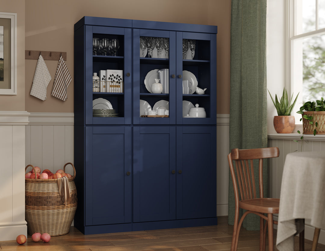 100% Solid Wood 48.5" China Pantry Cabinet, 3 Glass Doors, 3 Shaker Doors