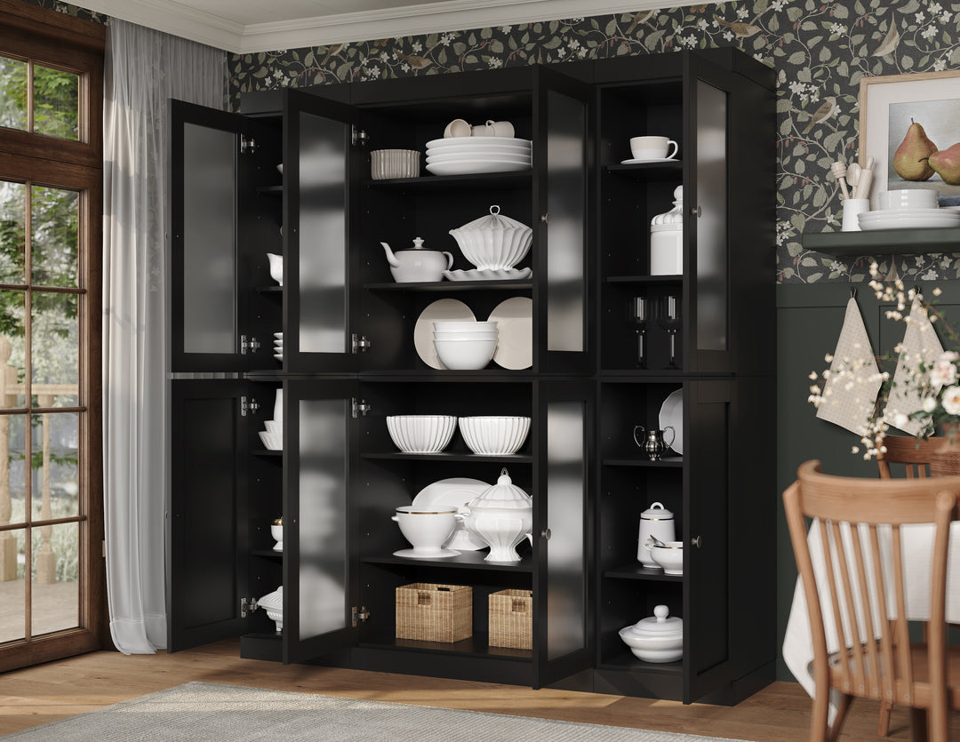 100% Solid Brazilian Pine Wood 65" Pantry Cabinet with Frosted Glass, Shaker Doors and Adjustable Shelves