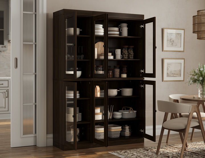 100% Solid Wood Kitchen Pantry China Cabinet, Tall Freestanding Modular Storage with Glass Doors, Adjustable Shelves, 48.5" W x 71.5" H