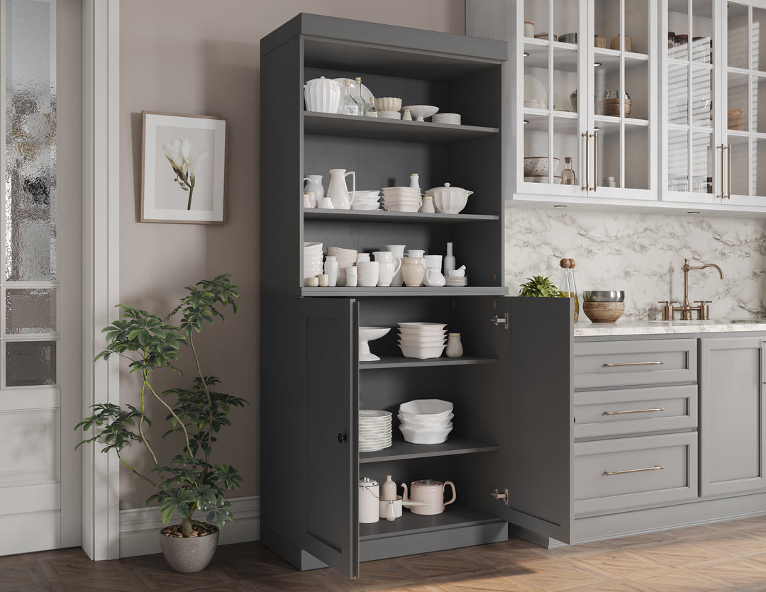 100% Solid Wood Kitchen Pantry Cabinet, Tall Freestanding Modular Storage with Open Shelf & Shaker Doors, Adjustable Shelves, 32" W x 71.5" H