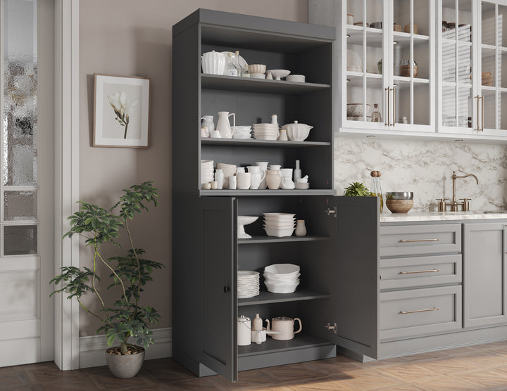 100% Solid Wood Kitchen Pantry Cabinet, Tall Freestanding Modular Storage with Open Shelf & Shaker Doors, Adjustable Shelves, 32" W x 71.5" H