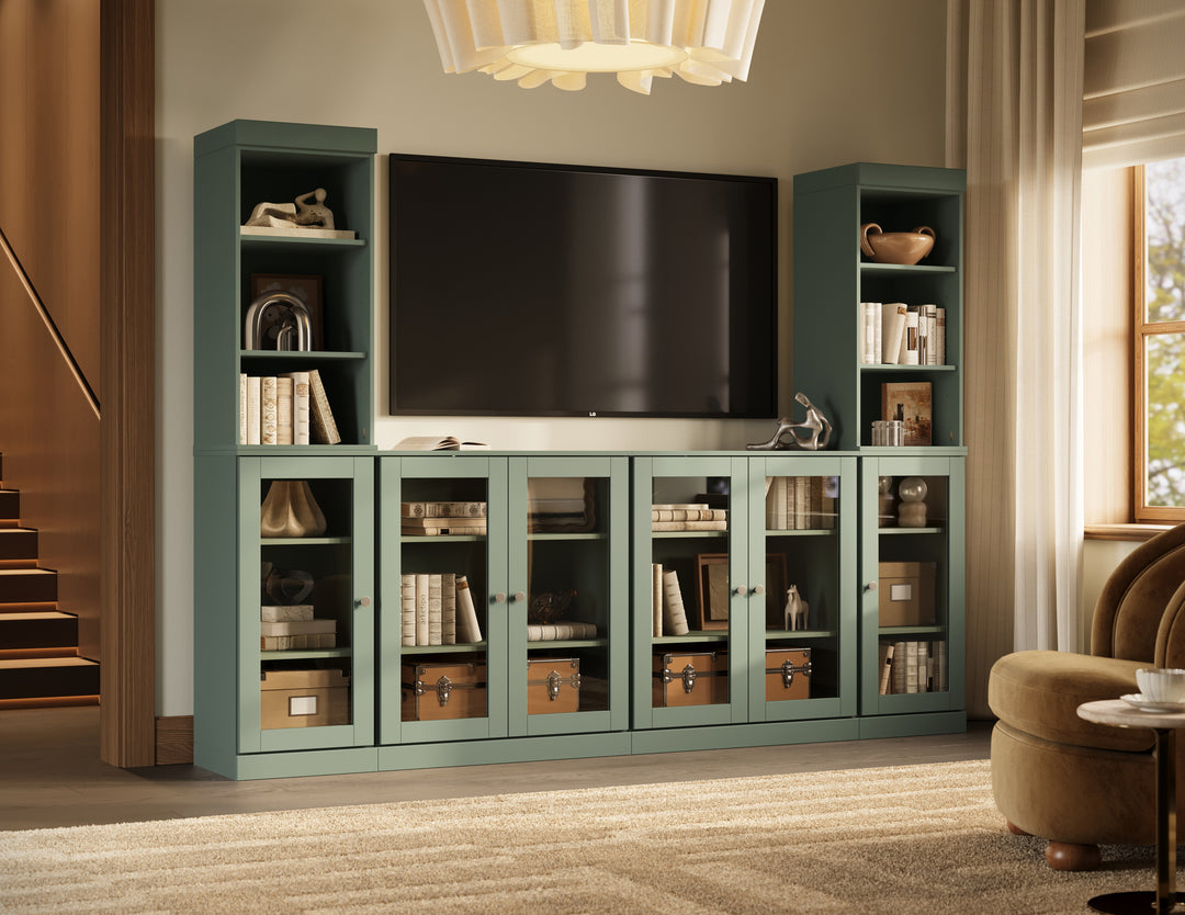 100% Solid Wood 6-Piece Entertainment Center Wall Unit with Storage, Open Cabinets & Glass Doors, Adjustable Shelves, 97" W x 71.5" H