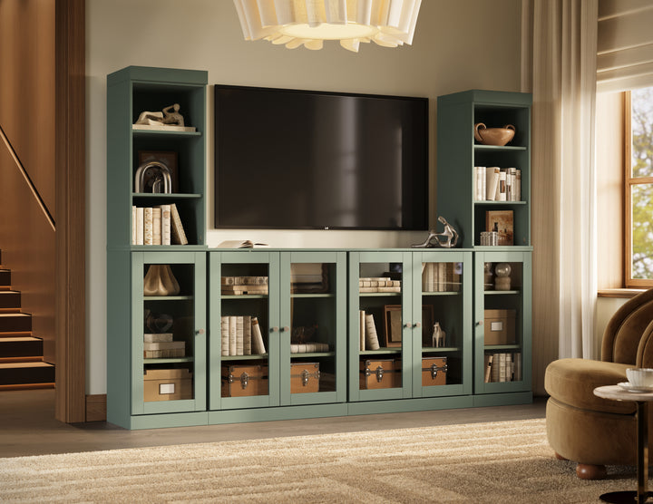 100% Solid Wood 6-Piece Entertainment Center Wall Unit with Storage, Open Cabinets & Glass Doors, Adjustable Shelves, 97" W x 71.5" H