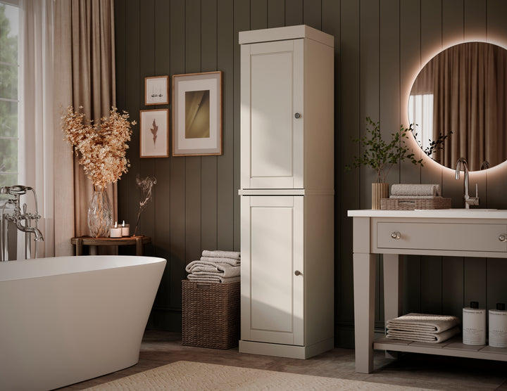 100% Solid Wood Bathroom Storage Cabinet, Raised Panel Doors, 4 Drawers, Adjustable Shelves, 16.5" Wide, 71.5" Tall