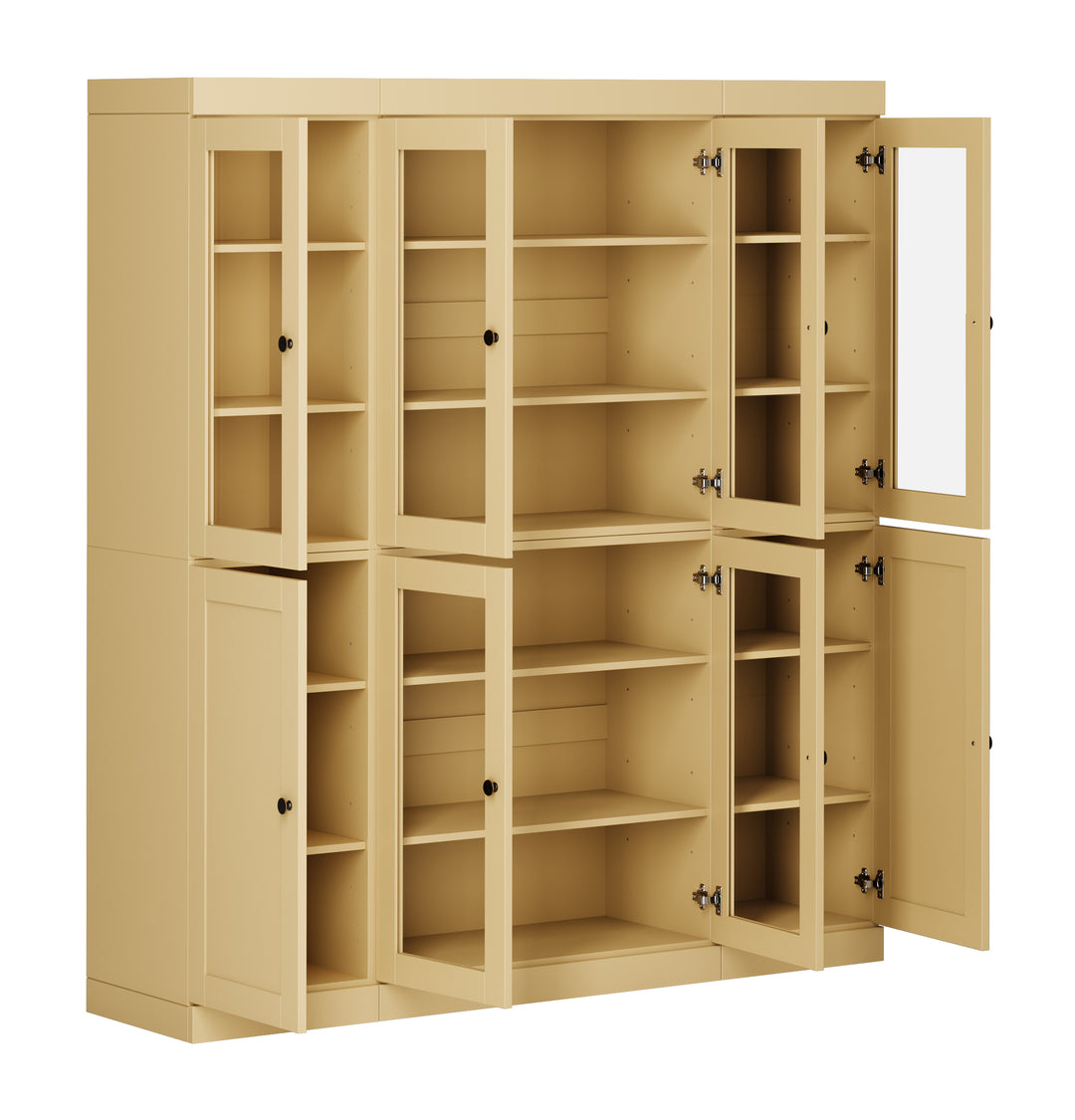 100% Solid Wood 65" China Pantry Cabinet, 6 Clear Glass, 2 Shaker Wood Doors