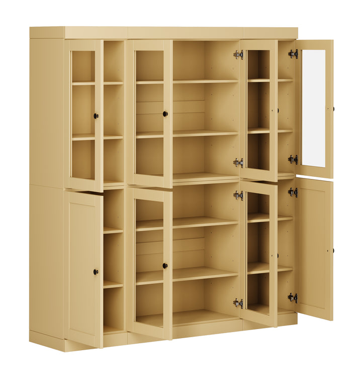 100% Solid Wood 65" China Pantry Cabinet, 6 Clear Glass, 2 Shaker Wood Doors