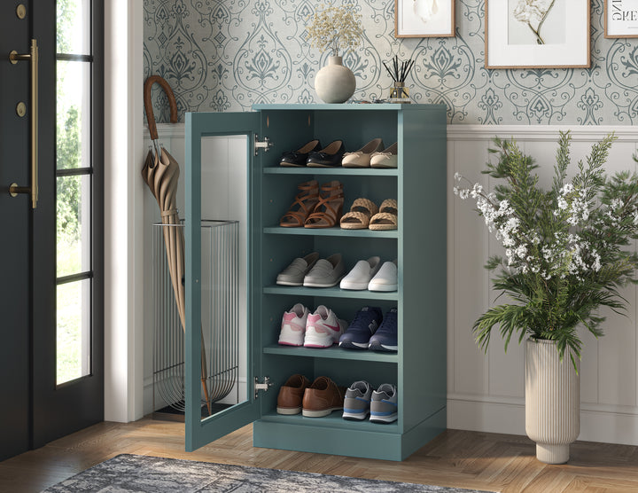 100% Solid Wood Narrow Glass Door Shoe Storage Cabinet with Adjustable Shelves, Space Saving Stackable Organizer, 16.5" W x 35.75" H