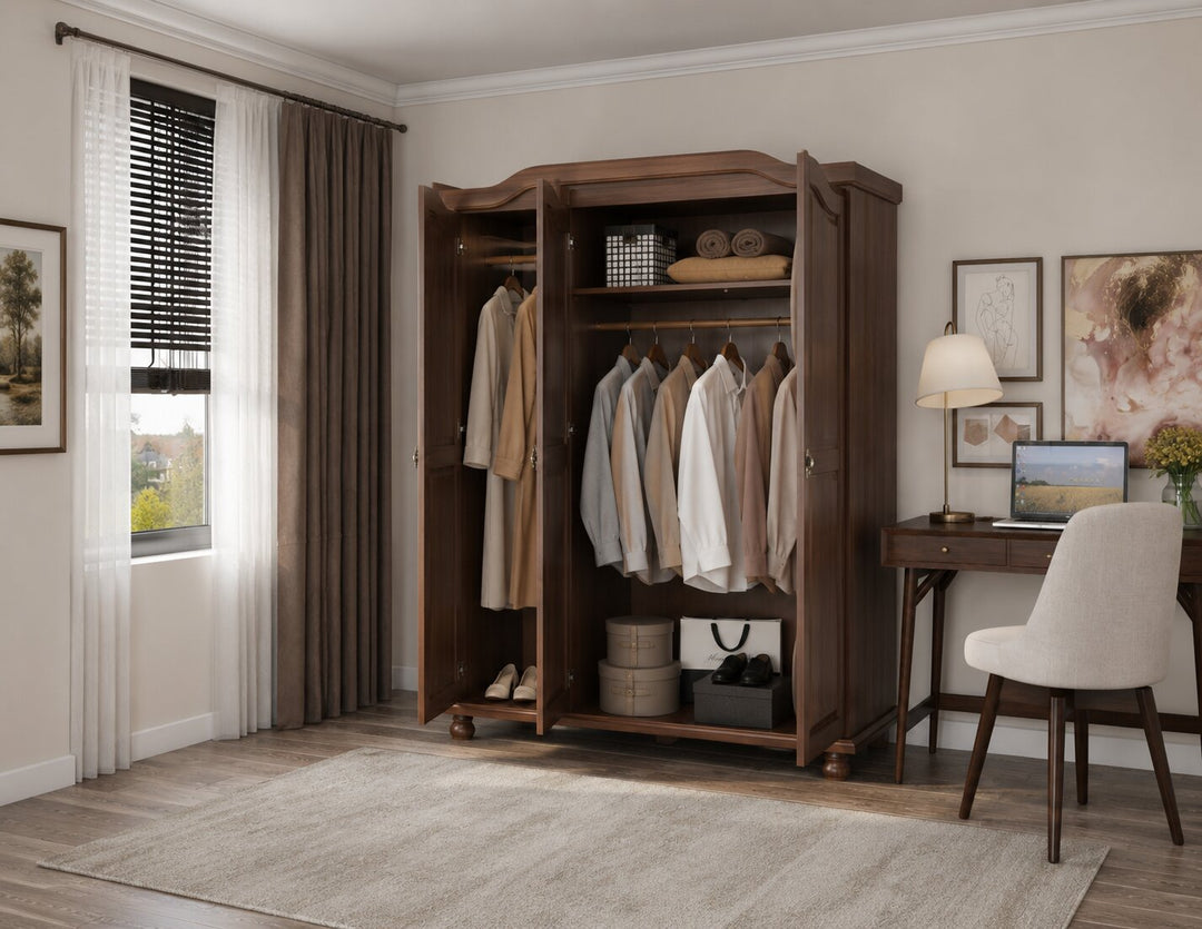 100% Solid Wood 3-Door Wardrobe Armoire with Raised Panel Doors, Bedroom Closet Storage - Kyle Collection