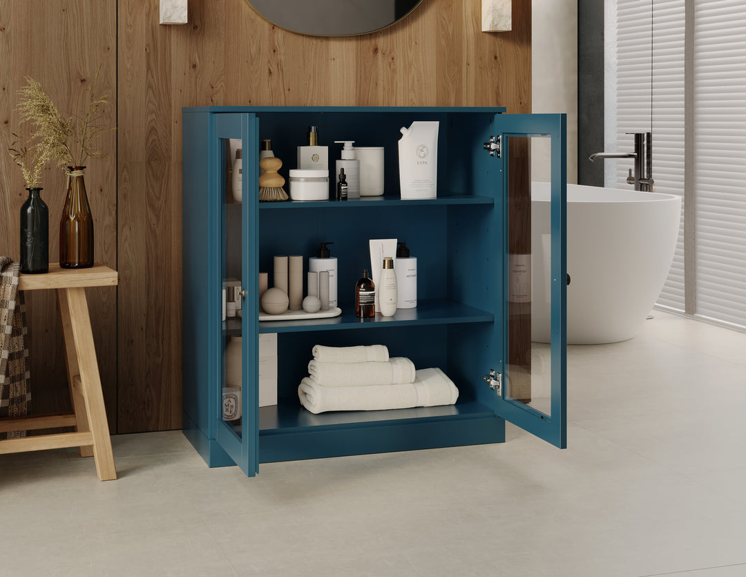 100% Solid Brazilian Pine Wood 32" Bathroom Storage Cabinet with Clear Glass Doors  and Adjustable Shelves