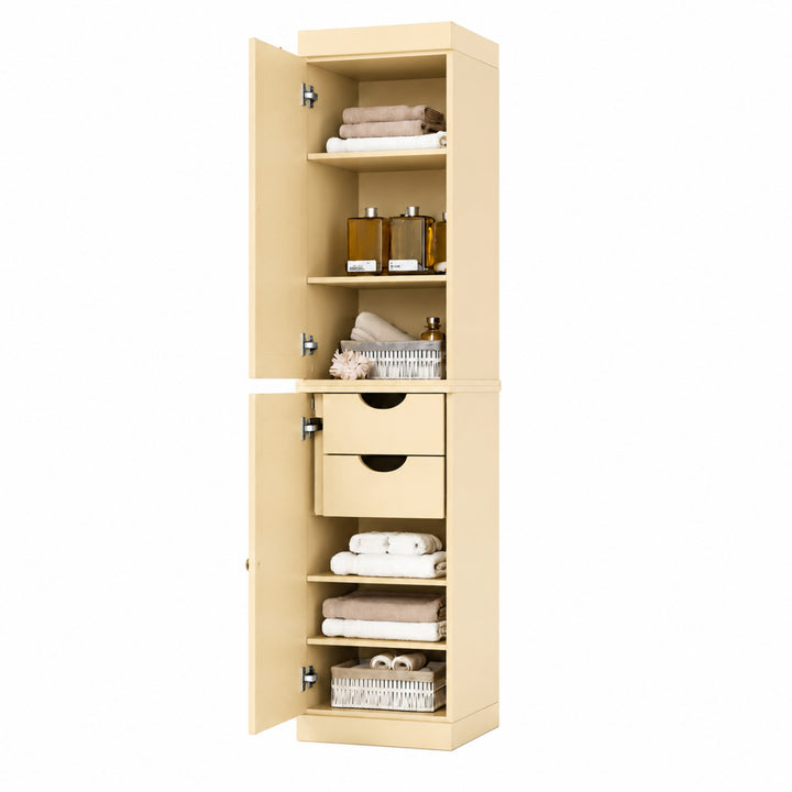 100% Solid Wood Bathroom Storage Cabinet, Raised Panel Doors, 2 Drawers, Adjustable Shelves, 16.5" Wide, 71.5" Tall