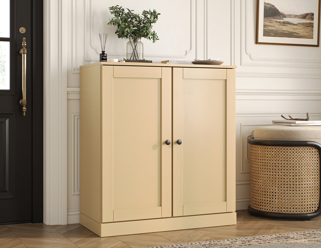 100% Solid Wood Shoe Storage Cabinet with Shaker Doors, Adjustable Shelves, Space Saving Stackable Entryway Organizer, 32" W x 35.75" H