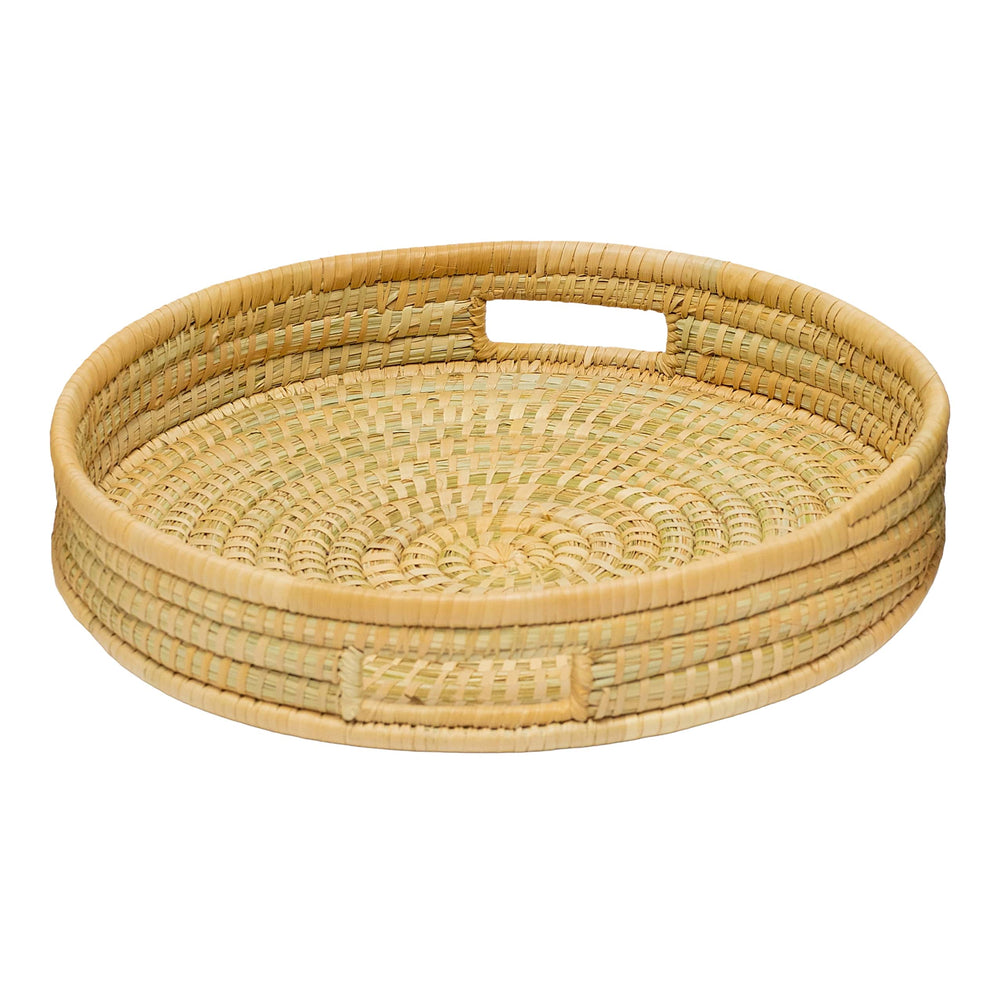 100% Handwoven Natural Rattan 15" Round Serving Tray, Boho Farmhouse Kitchen, Dining & Home Decor, Handcrafted – Authentic African Craftsmanship, Trays - Palace Imports