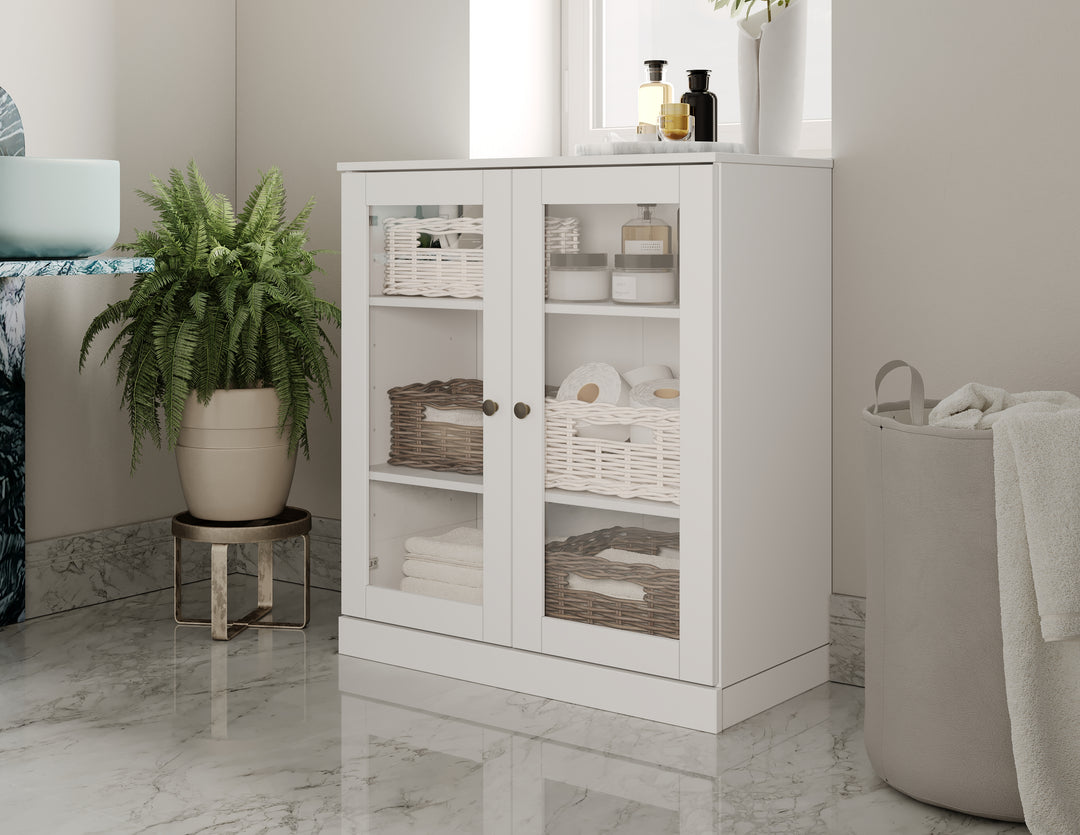 100% Solid Brazilian Pine Wood 32" Bathroom Storage Cabinet with Clear Glass Doors  and Adjustable Shelves