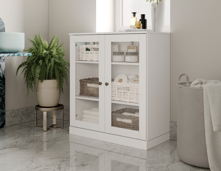 100% Solid Brazilian Pine Wood 32" Bathroom Storage Cabinet with Clear Glass Doors  and Adjustable Shelves