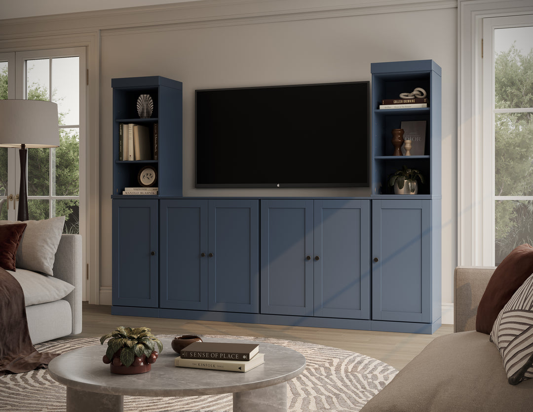 100% Solid Wood 6-Piece Entertainment Center Wall Unit with Storage, Open Cabinets & Shaker Doors, Adjustable Shelves, 97" W x 71.5" H