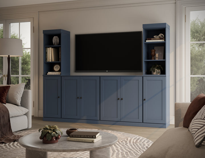 100% Solid Wood 6-Piece Entertainment Center Wall Unit with Storage, Open Cabinets & Shaker Doors, Adjustable Shelves, 97" W x 71.5" H