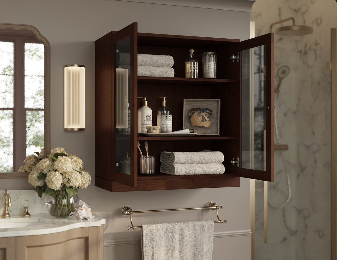 Premium 100% Solid European Oak Bathroom Wall Cabinet with Tinted Glass Doors, 32" W x 35.75" H