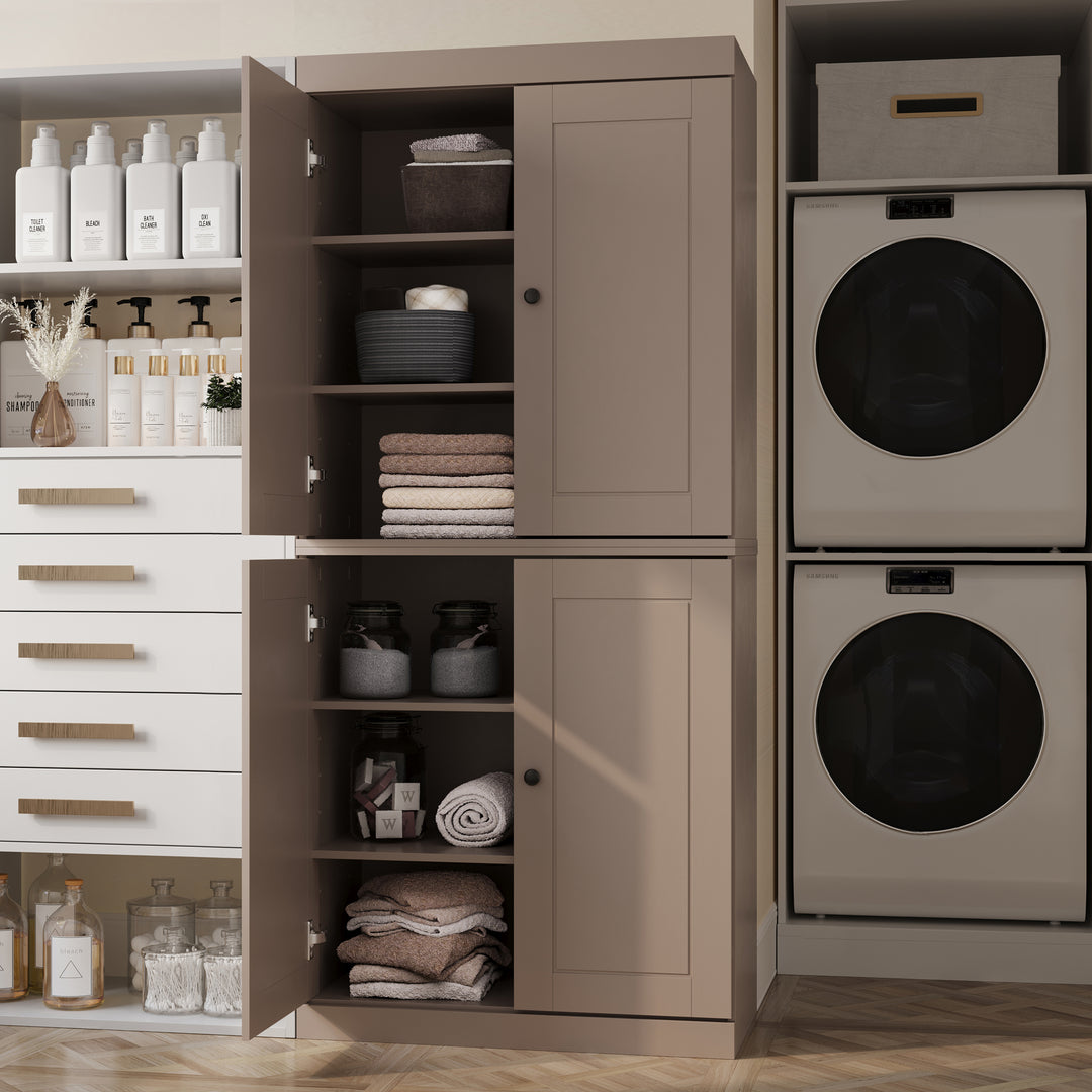 100% Solid Brazilian Pine Wood Bathroom & Laundry Storage Cabinet, Raised Panel Doors, Adjustable Shelves, 32" Wide, 71.5" Tall