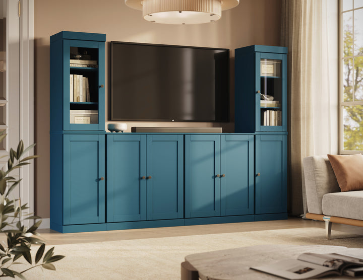 100% Solid Wood 6-Piece Entertainment Center Wall Unit with Storage, Glass & Shaker Doors, Adjustable Shelves, 97" W x 71.5" H