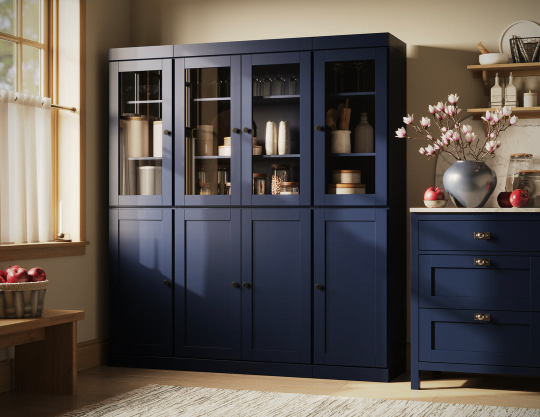 100% Solid Wood 65" China Pantry Cabinet, 4 Glass, 4 Shaker Wood Doors, 2-Drawers