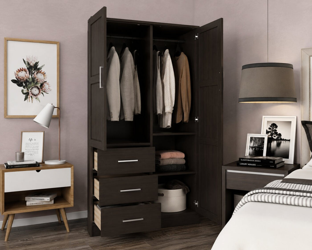 100% Solid Wood 2-Door Wardrobe Armoire with Raised Panel Doors, Bedroom Closet Storage - Metro Collection