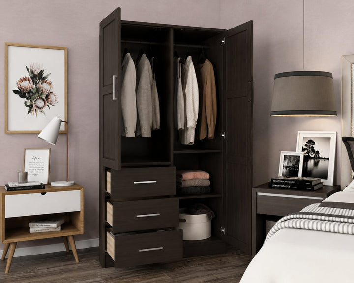 100% Solid Wood 2-Door Wardrobe Armoire with Raised Panel Doors, Bedroom Closet Storage - Metro Collection