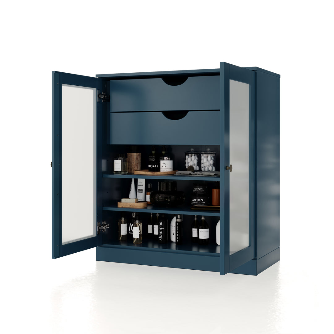 100% Solid Brazilian Pine Wood 32" Bathroom Storage Cabinet with Frosted Glass Doors, 2-Drawers and Adjustable Shelves