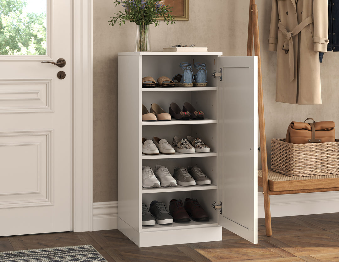 100% Solid Wood Narrow Shoe Storage Cabinet with Shaker Door, Adjustable Shelves, Space Saving Stackable Organizer, 16.5" W x 35.75" H