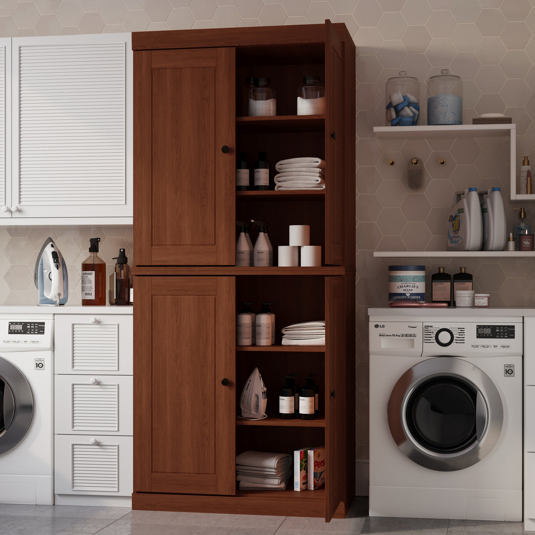 100% Solid Brazilian Pine Wood Bathroom & Laundry Storage Cabinet, Raised Panel Doors, Adjustable Shelves, 32" Wide, 71.5" Tall