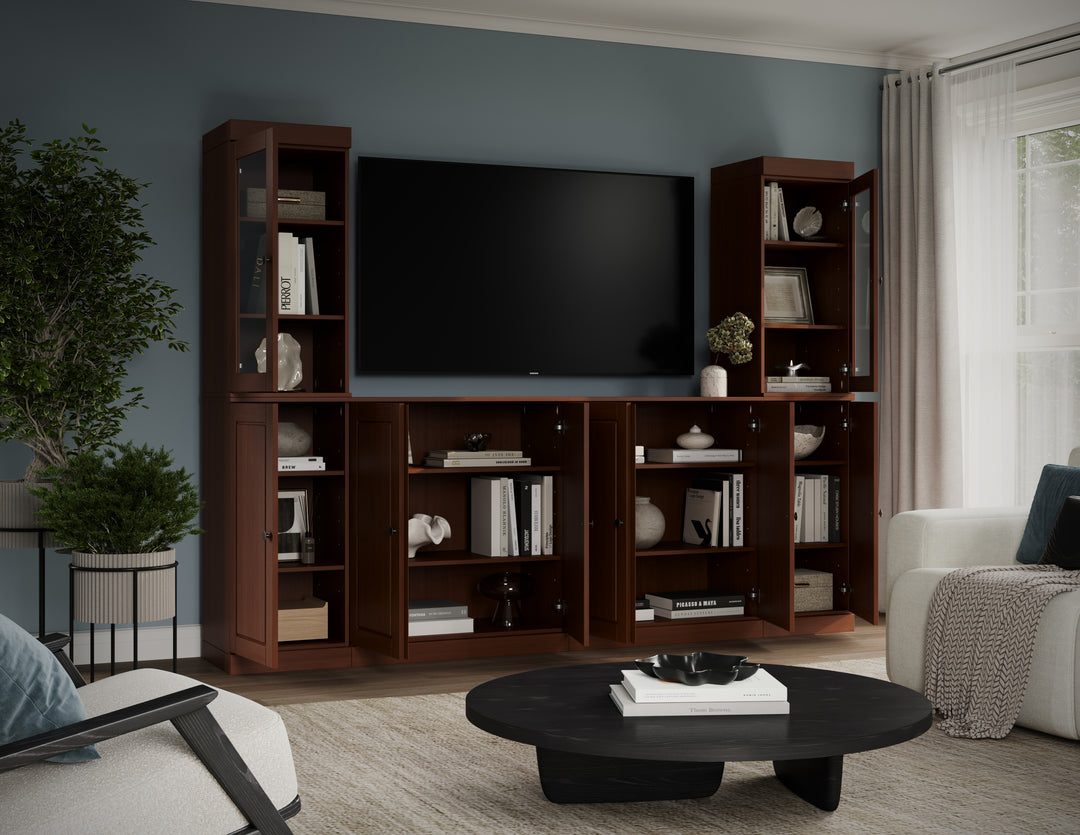 100% Solid Wood 6-Piece Entertainment Center Wall Unit with Storage, Glass & Raised Panel Doors, Adjustable Shelves, 97" W x 71.5" H
