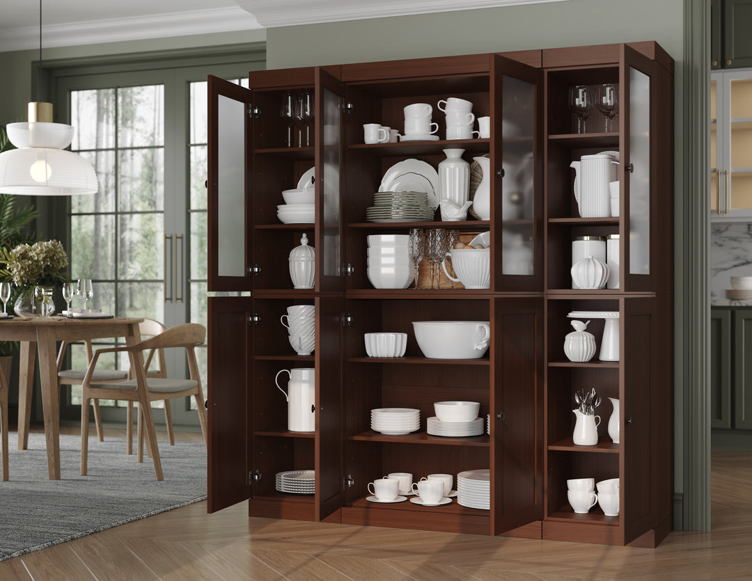 Mocha Inside View of Wood Kitchen Pantry Cabinet, Tall Freestanding Modular Storage with Frosted Glass & Shaker Doors, Adjustable Shelves, 65" W x 71.5" H