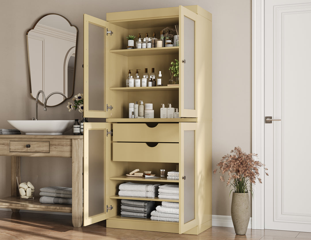100% Solid Wood Tall Freestanding Modular Bathroom Linen Storage Cabinet with Frosted Glass Doors, 2 Drawers, Adjustable Shelves, 32" W x 71.5" H