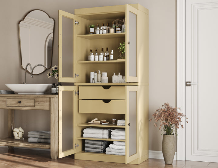 100% Solid Wood Tall Freestanding Modular Bathroom Linen Storage Cabinet with Frosted Glass Doors, 2 Drawers, Adjustable Shelves, 32" W x 71.5" H