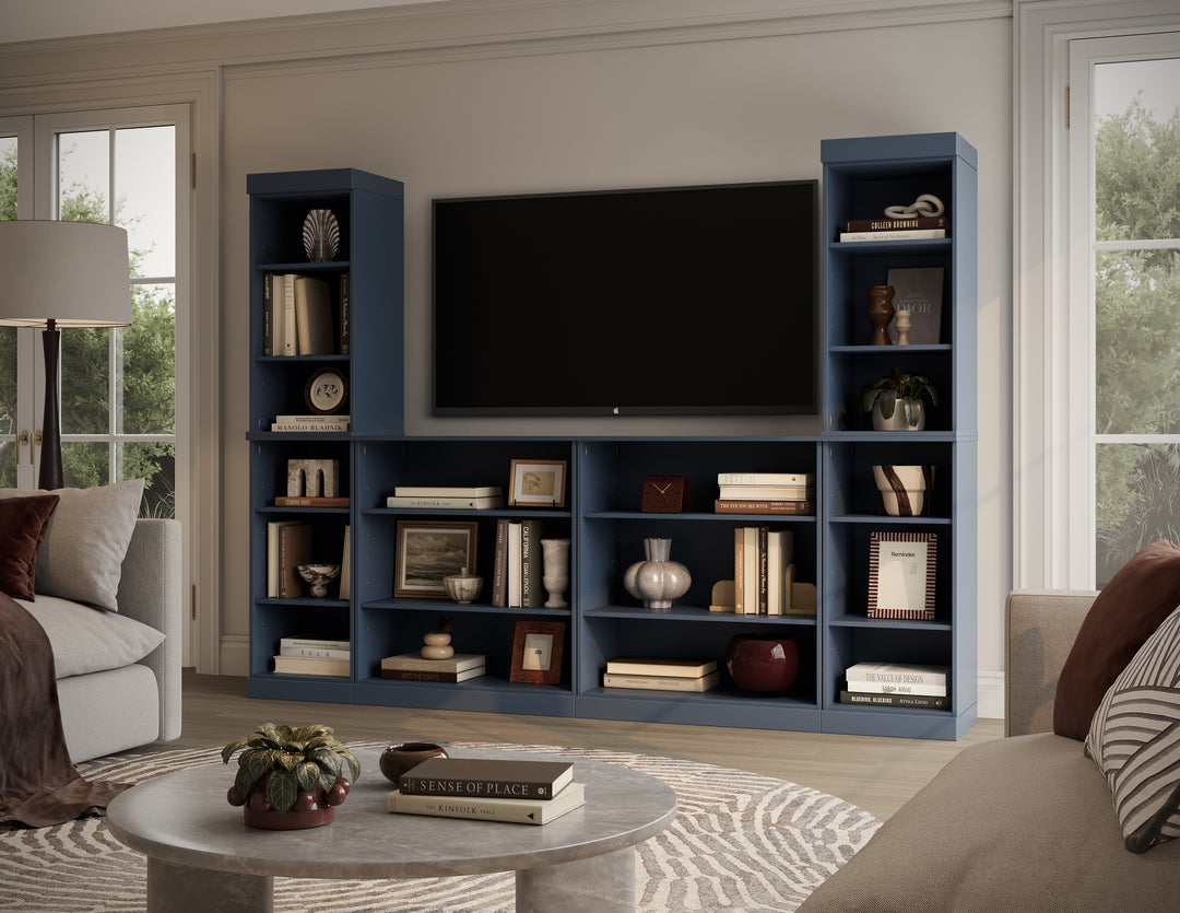 100% Solid Wood 6-Piece Entertainment Center Wall Unit with Storage, Open Cabinets, Adjustable Shelves, 97" W x 71.5" H