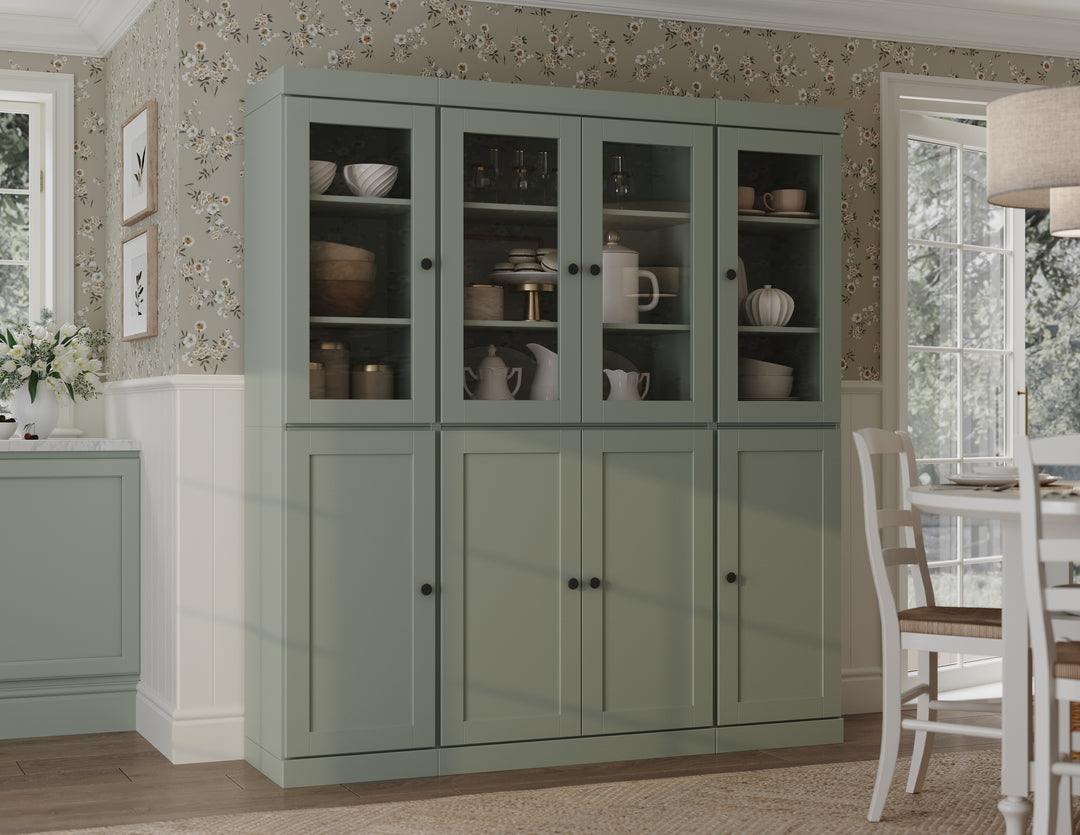 100% Solid Wood 65" China Pantry Cabinet, 4 Glass, 4 Shaker Wood Doors, 2-Drawers