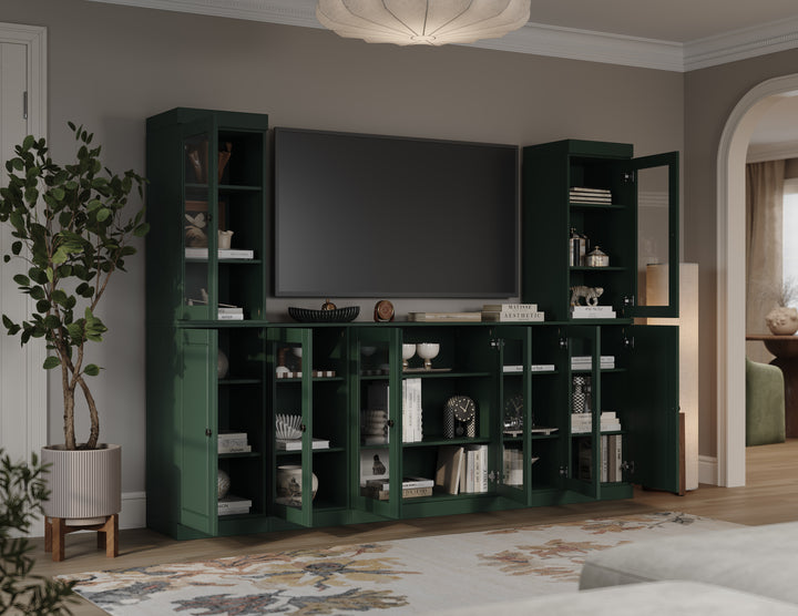 100% Solid Wood 7-Piece Entertainment Center Wall Unit with Storage, Glass & Raised Panel Doors, Adjustable Shelves, 98" W x 71.5" H