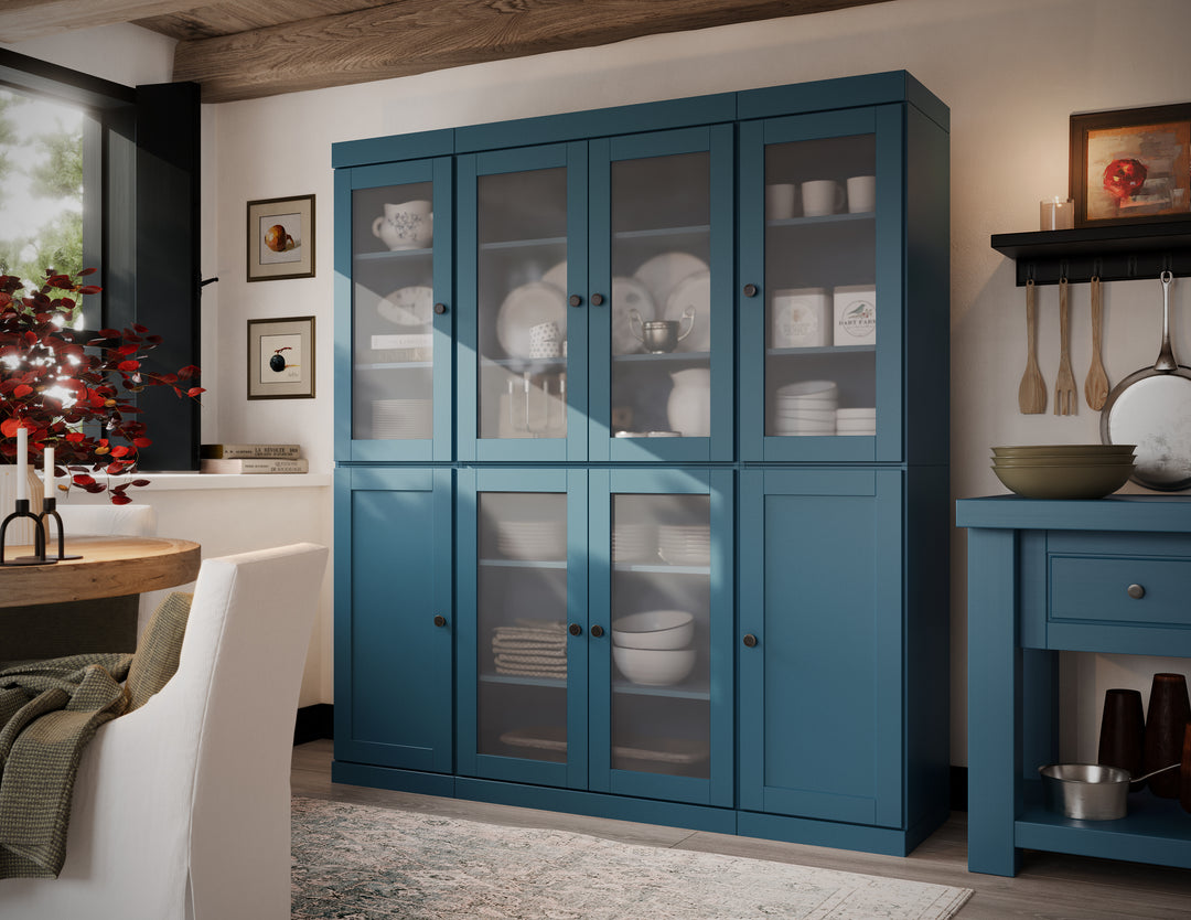 Teal Blue 65" Solid Wood Kitchen Pantry Cabinet with Frosted Glass & Shaker Doors & 2 Drawers