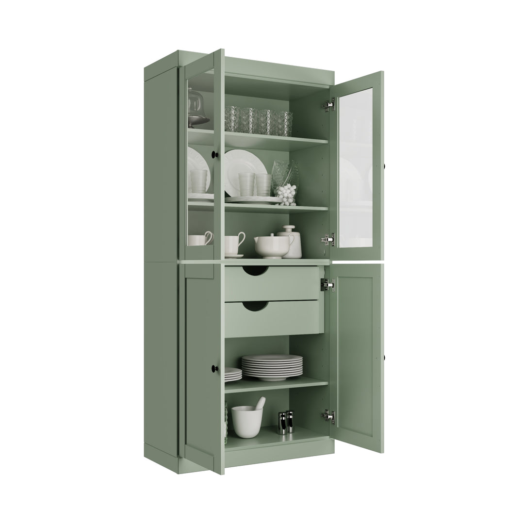 100% Solid Wood 32" Pantry Cabinet, 2 Clear Glass, 2 Shaker Doors, 2-Drawers