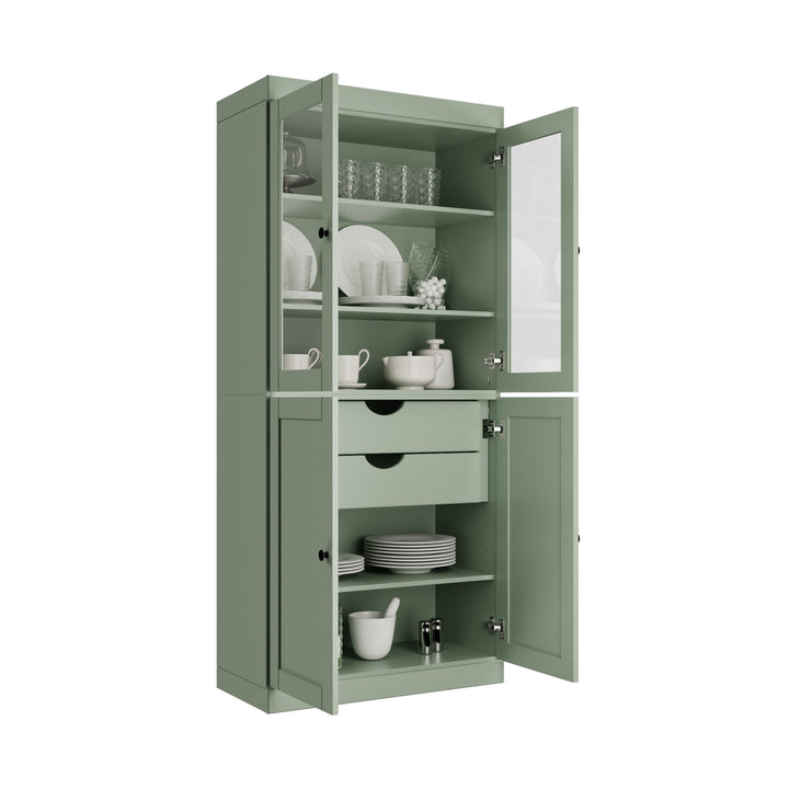 100% Solid Wood 32" Pantry Cabinet, 2 Clear Glass, 2 Shaker Doors, 2-Drawers