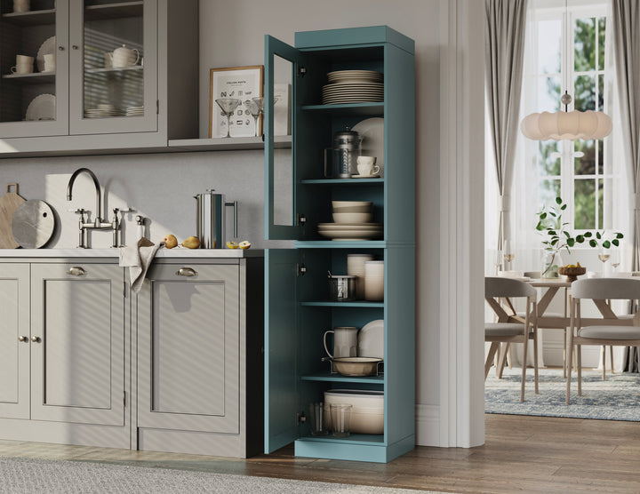 100% Solid Wood Kitchen Pantry China Cabinet, Tall Freestanding Modular Storage with Glass & Raised Panel Doors, Adjustable Shelves, 16.5" W x 71.5" H