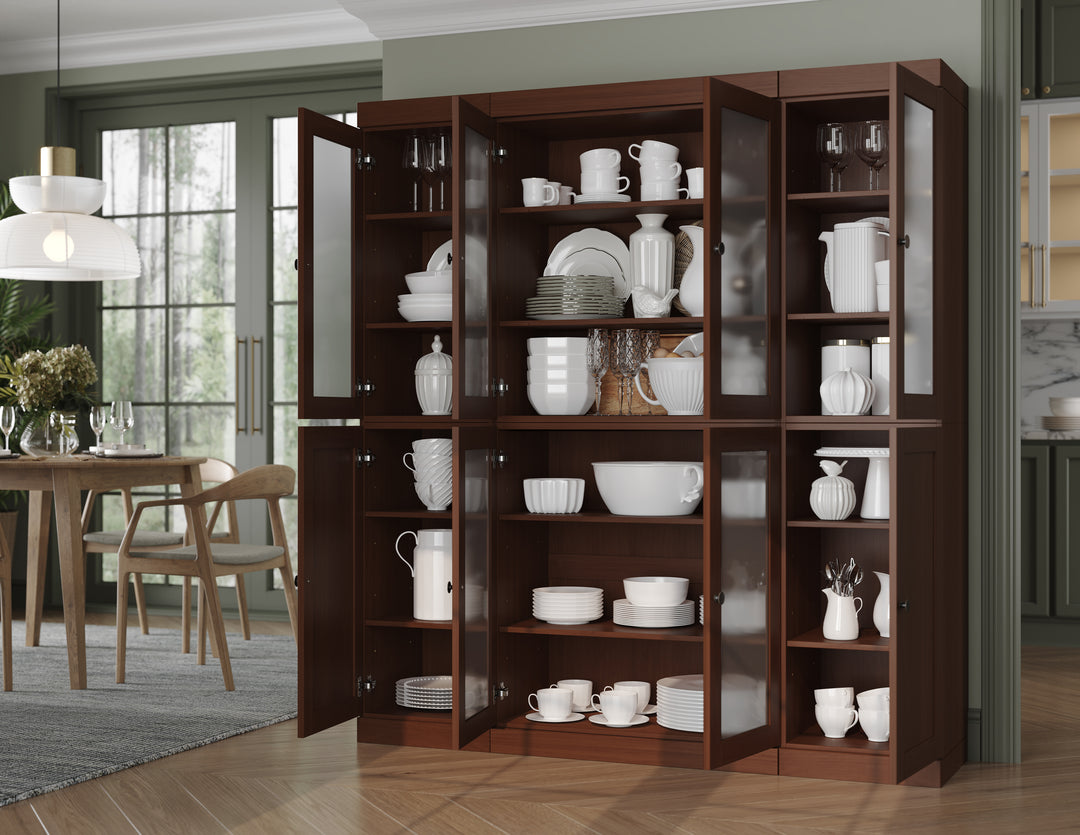 100% Solid Brazilian Pine Wood 65" Pantry Cabinet with Frosted Glass, Shaker Doors and Adjustable Shelves