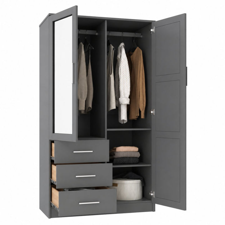 100% Solid Wood 2-Door Wardrobe Armoire with Mirrored Doors, Bedroom Closet Storage - Metro Collection