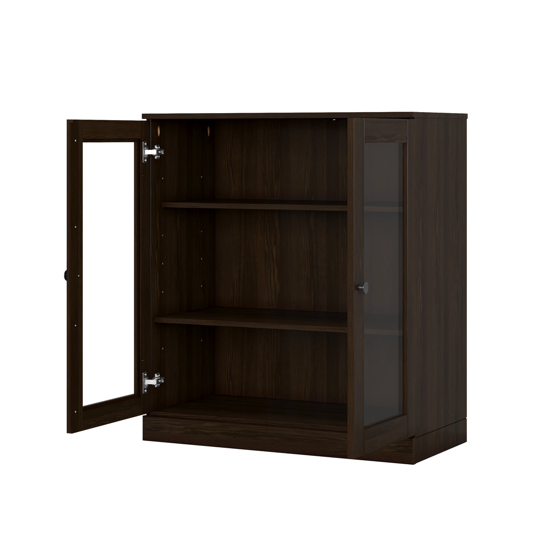 100% Solid Wood Freestanding Bathroom Linen Storage Cabinet with Glass Doors, Adjustable Shelves, 32" W x 35.75" H