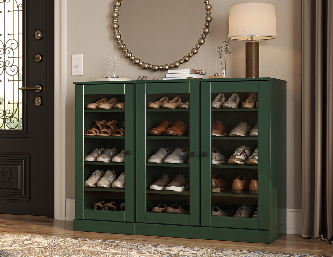 100% Solid Wood Glass Door Shoe Storage Cabinet, Adjustable Shelves, Space Saving Modular Entryway Organizer, 48.5" W x 35.75" H