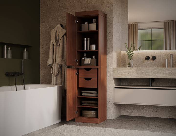 100% Solid Wood Bathroom Storage Cabinet, Raised Panel Doors, 2 Drawers, Adjustable Shelves, 16.5" Wide, 71.5" Tall